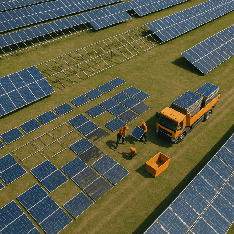 Aerial view of workers. Disassembly of PV Systems.