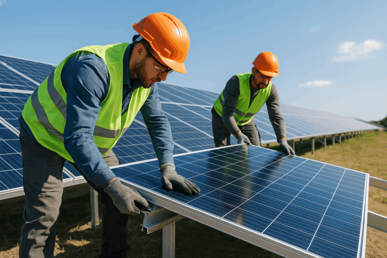 Aerial view of workers. Disassembly of PV Systems.
