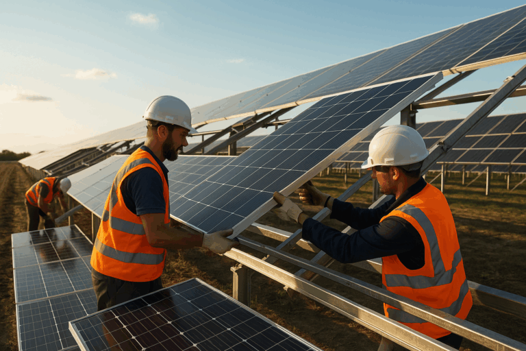 Solar technicians in safety gear installing new photovoltaic modules on a solar park structure during a repowering of pv systems.